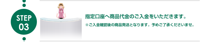 指定口座へ商品代金のご入金をいただきます。